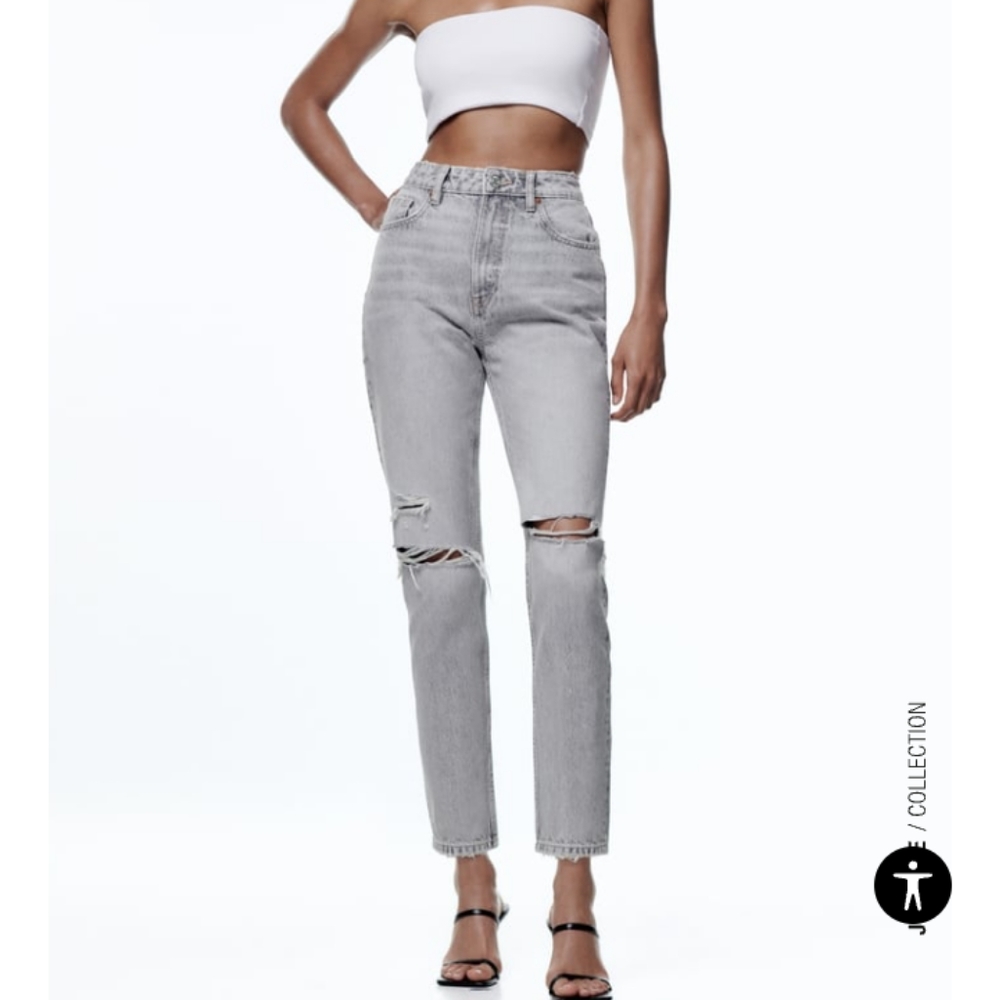 SLIM FIT HI RISE RIPPED JEANS LIGHT GRAY